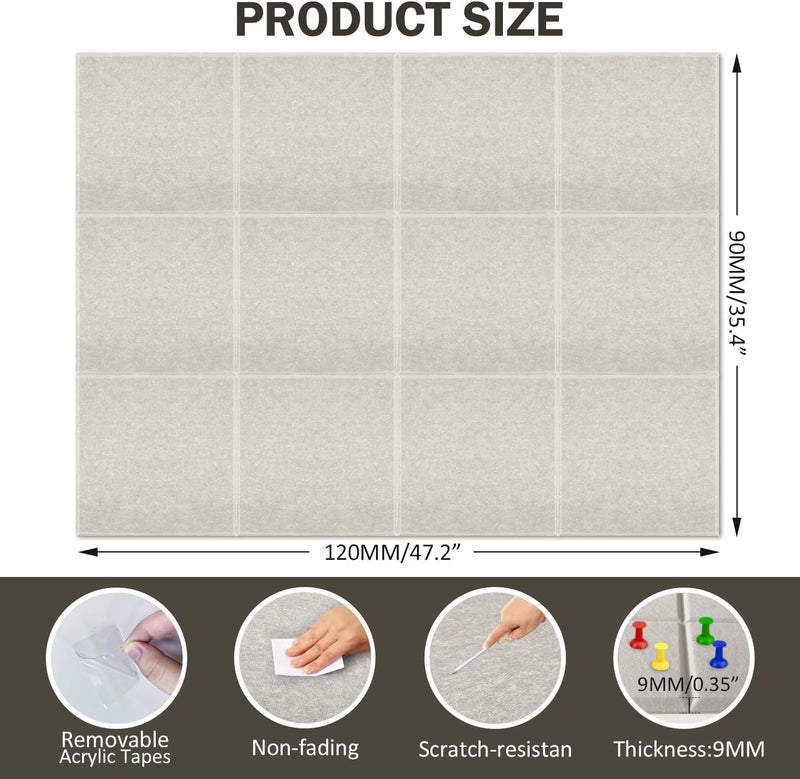 ZHIDIAN Felt Wall Tiles Bulletin Board with Removable Adhesive, 47"x35" Beige Cork Board Alternative with 40 Push Pins, 12 Pack Large Office Cork Tile Push Board Felt Squares for Walls - Image 5